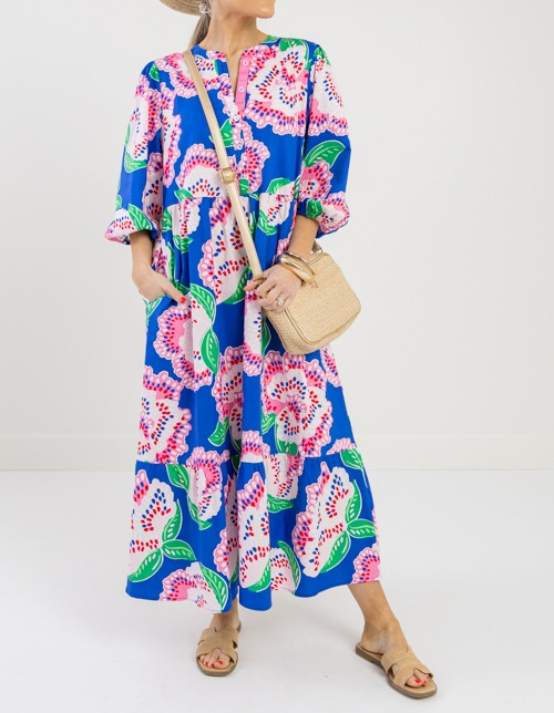 Printed Puffy Sleeve Midi Dress