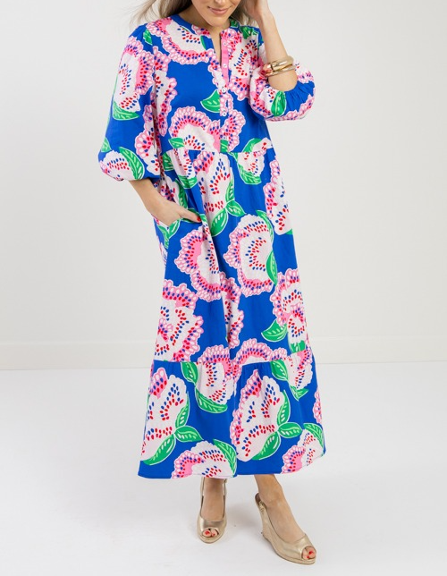 Printed Puffy Sleeve Midi Dress