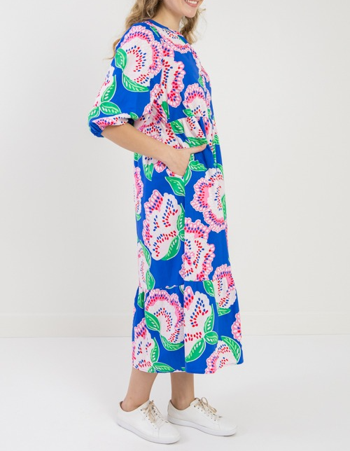 Printed Puffy Sleeve Midi Dress