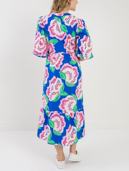 Printed Puffy Sleeve Midi Dress