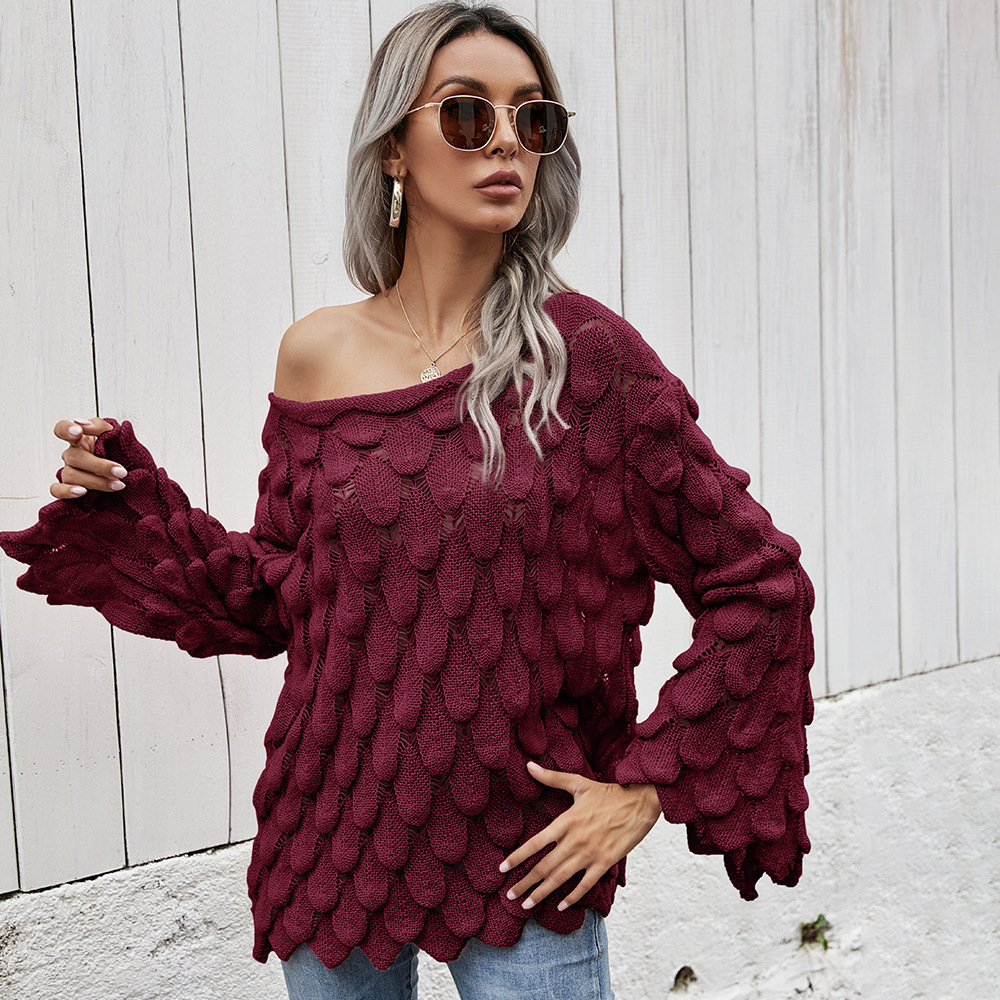 Cutout Flared Sleeve Knit Crew Neck Sweater