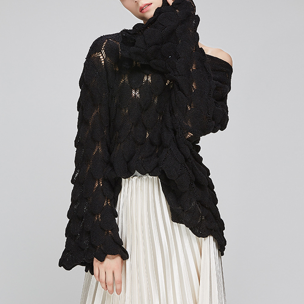 Cutout Flared Sleeve Knit Crew Neck Sweater