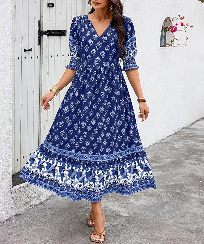 Puff Sleeve Bohemian Floral Maxi Dress