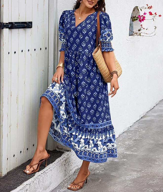 Puff Sleeve Bohemian Floral Maxi Dress