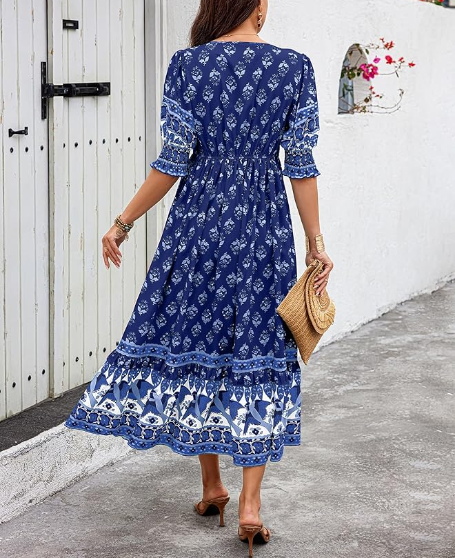 Puff Sleeve Bohemian Floral Maxi Dress