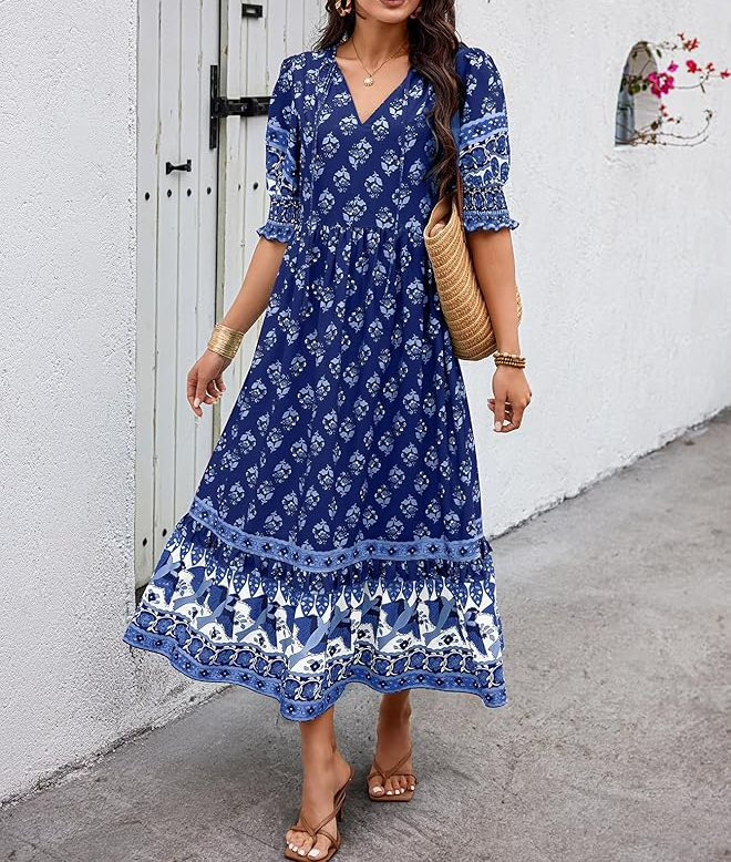 Puff Sleeve Bohemian Floral Maxi Dress