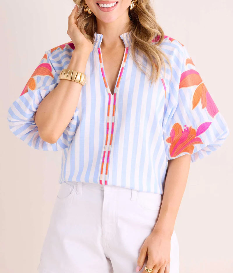 Striped Printed Bubble Sleeve Top