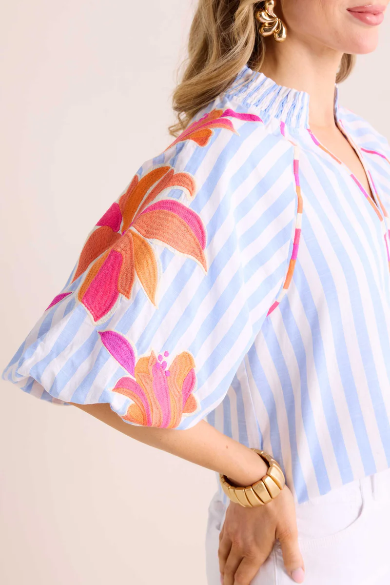Striped Printed Bubble Sleeve Top