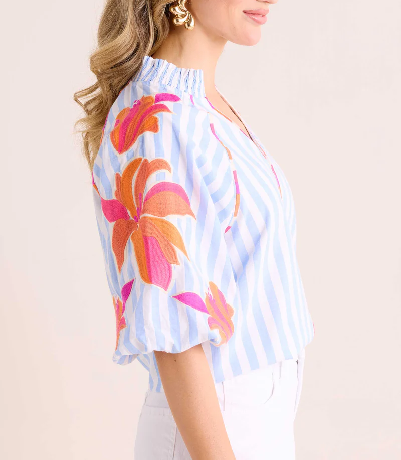 Striped Printed Bubble Sleeve Top