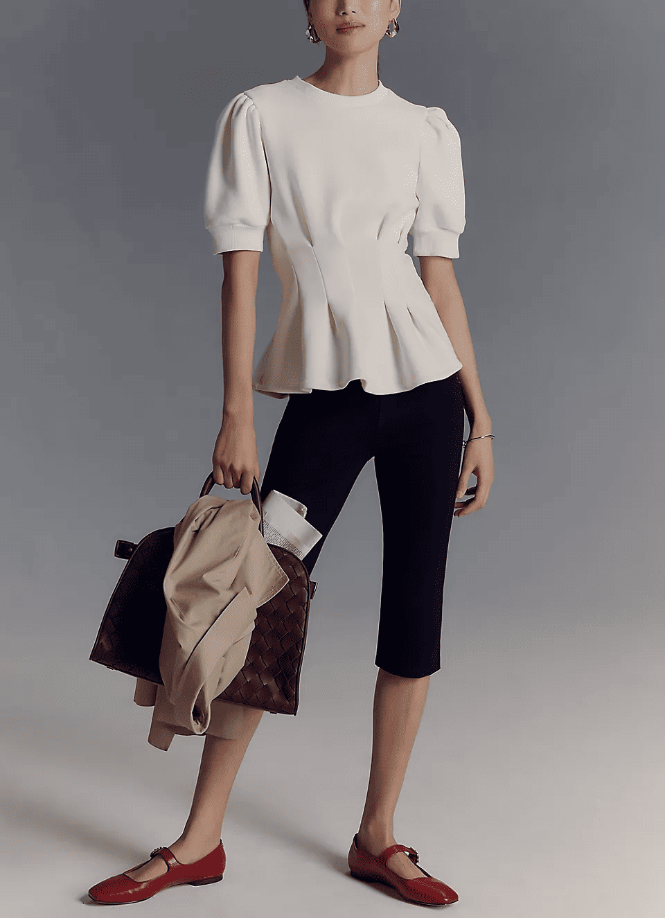 Maeve Puff-Sleeve Pleated-Waist Peplum Top