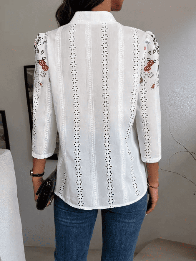 Embroidered Floral Stand-Up Collar Shirt