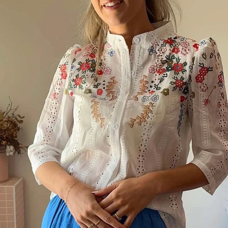 Embroidered Floral Stand-Up Collar Shirt