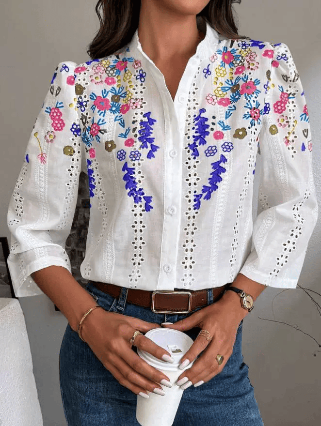 Embroidered Floral Stand-Up Collar Shirt