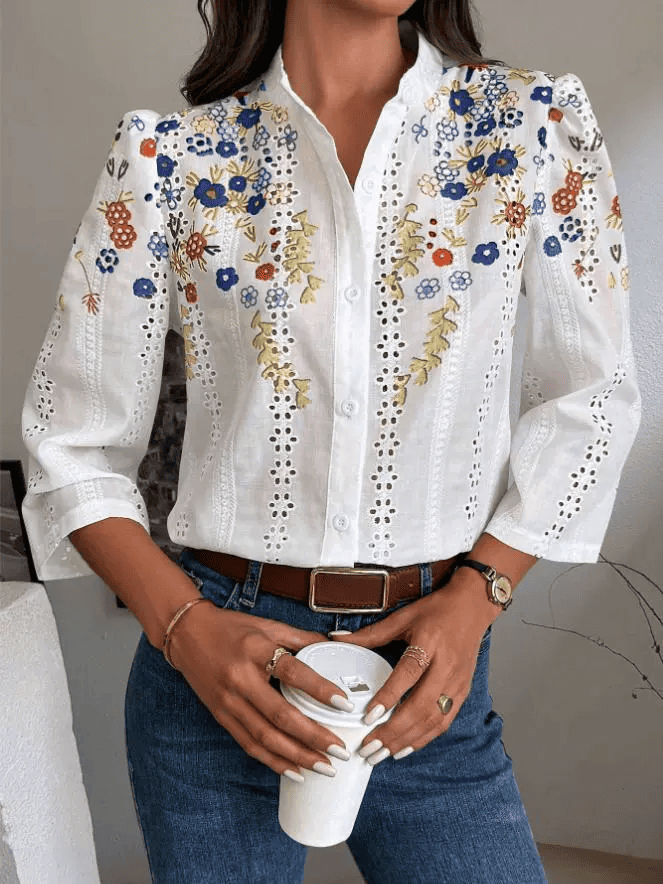Embroidered Floral Stand-Up Collar Shirt