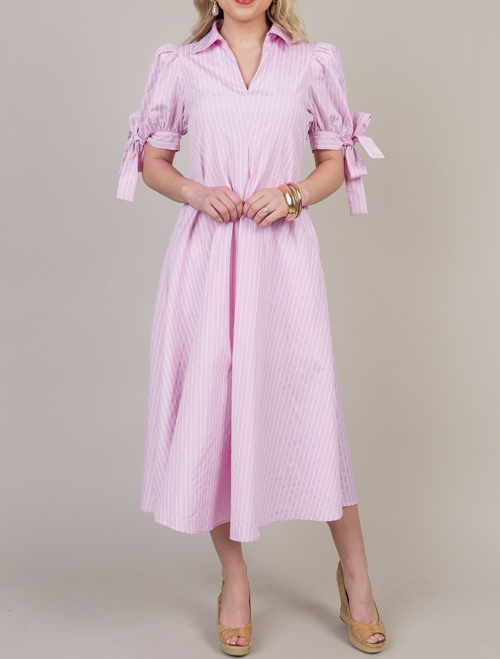 Bow Sleeve Pinstripe Midi Dress