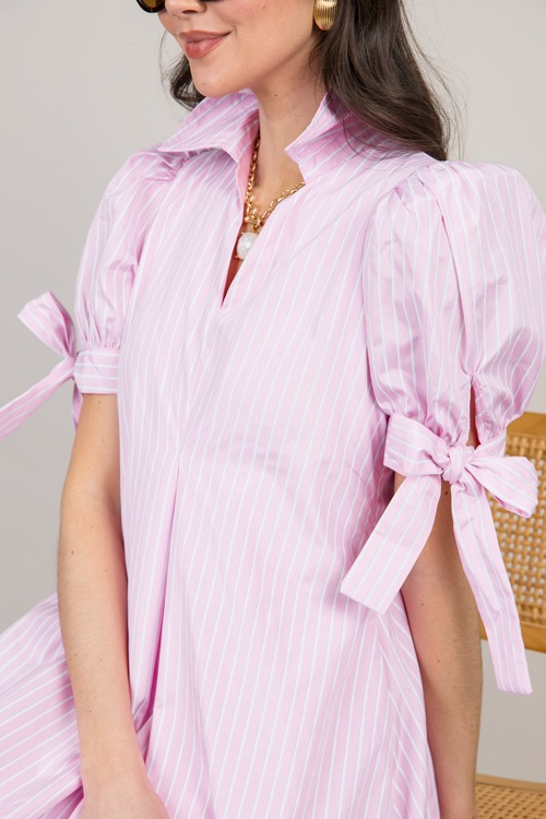 Bow Sleeve Pinstripe Midi Dress