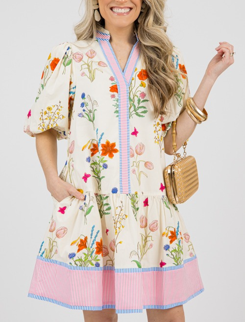 Simple Printed Bubble Sleeve Dress