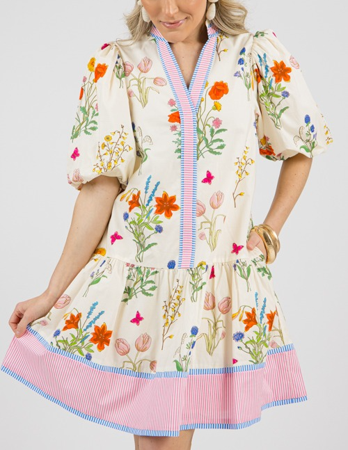 Simple Printed Bubble Sleeve Dress