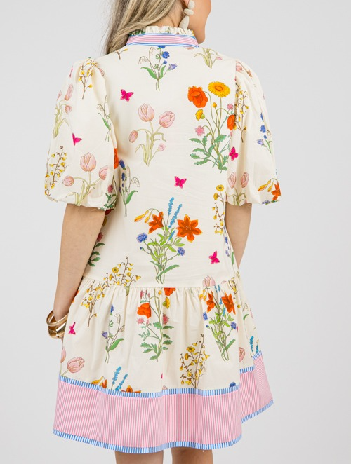 Simple Printed Bubble Sleeve Dress