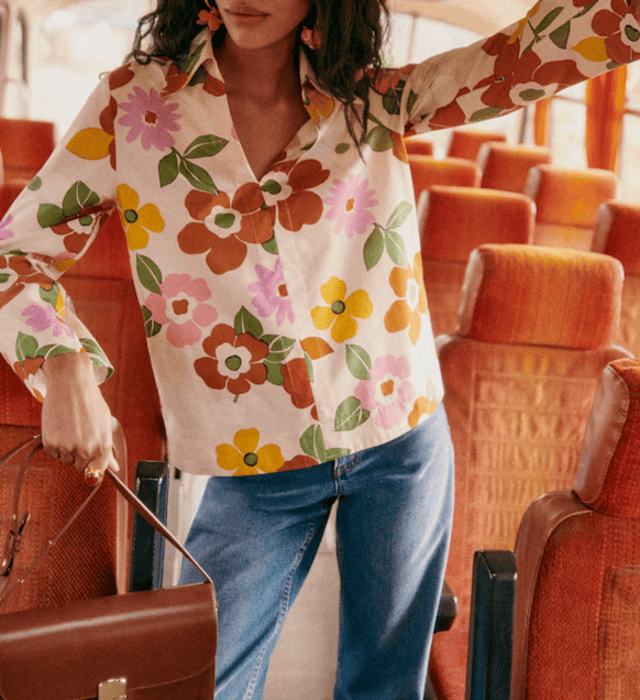 V-Neck Printed Fiber Blouse