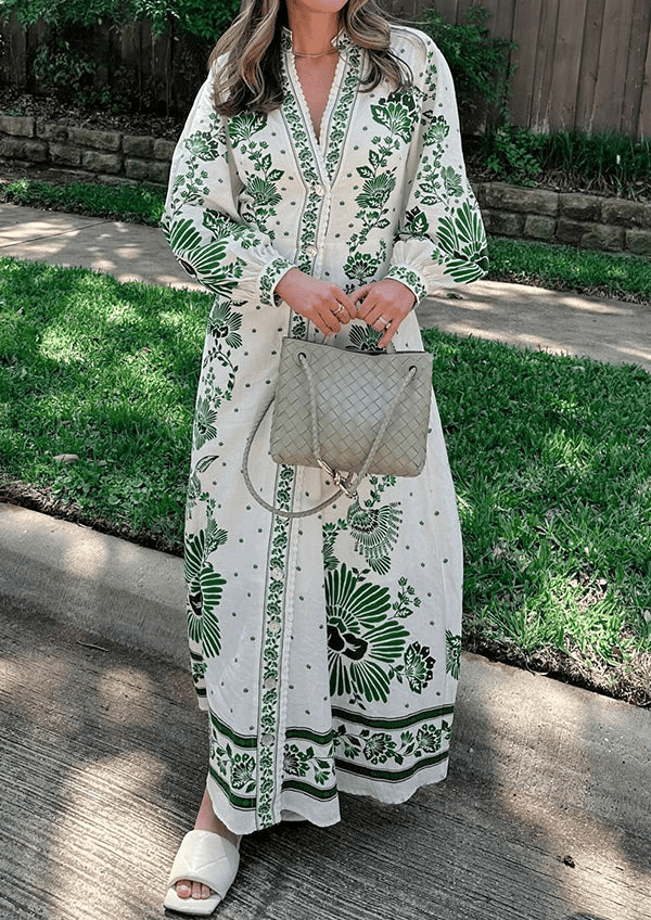 Unique Print Button Down Long Sleeve Shirt Maxi Dress