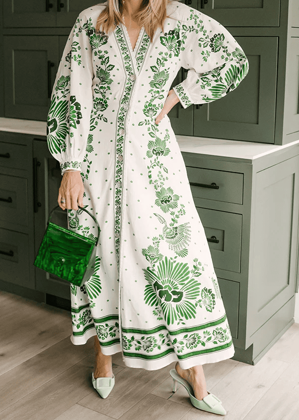 Unique Print Button Down Long Sleeve Shirt Maxi Dress