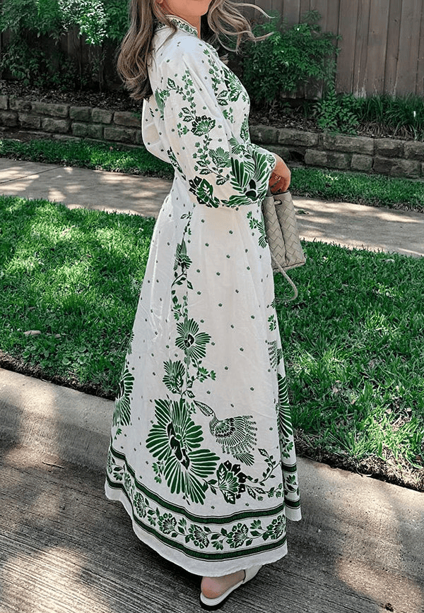Unique Print Button Down Long Sleeve Shirt Maxi Dress