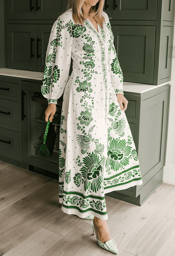 Unique Print Button Down Long Sleeve Shirt Maxi Dress