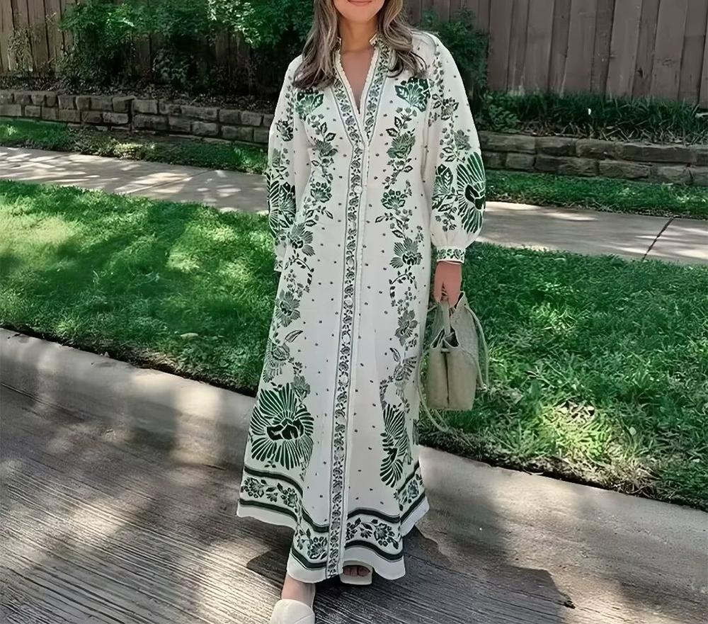 Unique Print Button Down Long Sleeve Shirt Maxi Dress