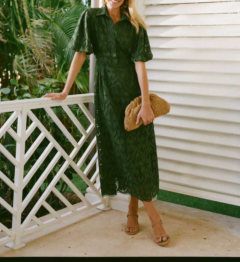 Olive Eyelet Midi Dress