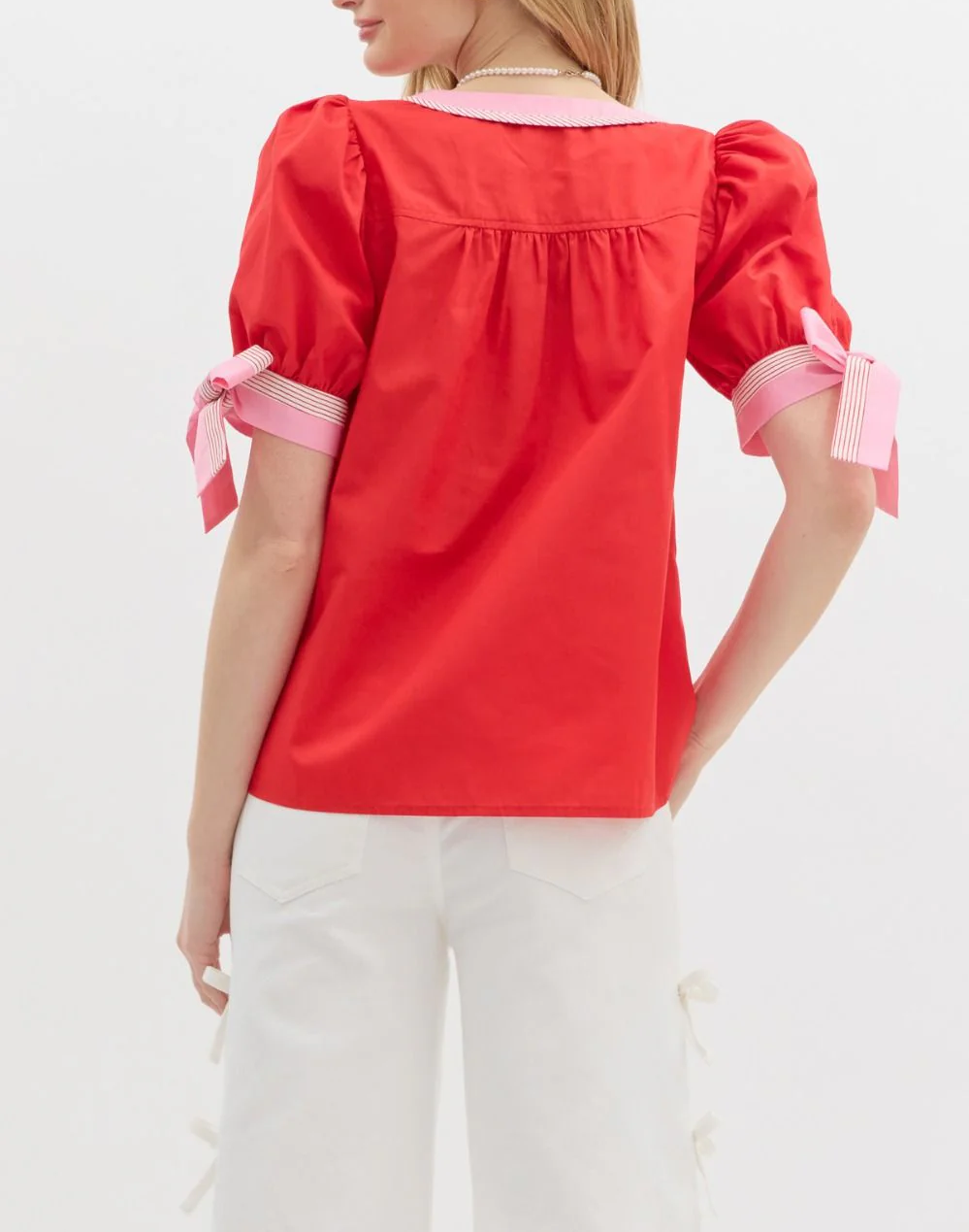 Red and Pink V-Neck Bow Top