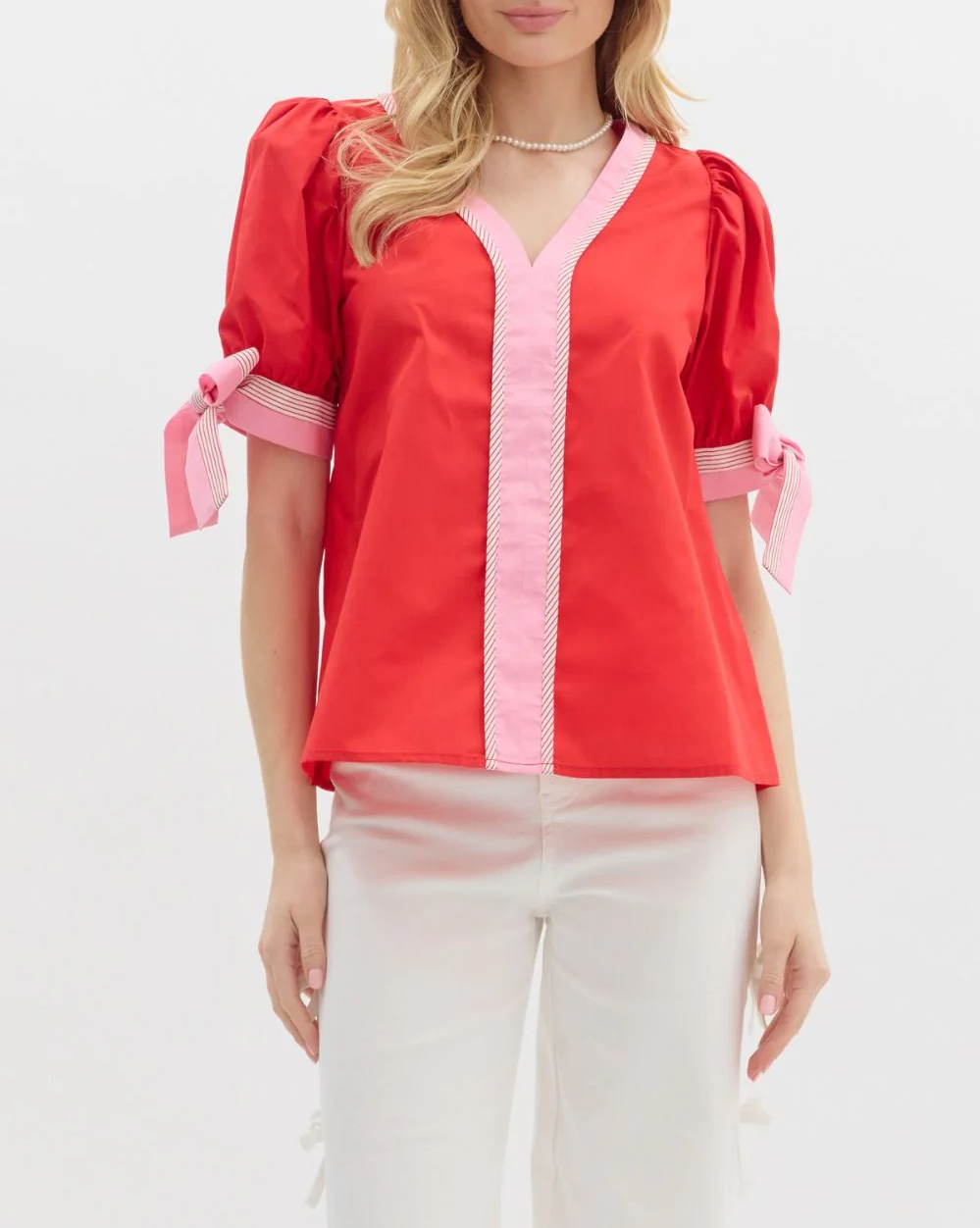 Red and Pink V-Neck Bow Top