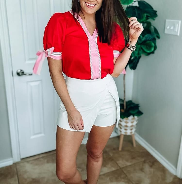 Red and Pink V-Neck Bow Top