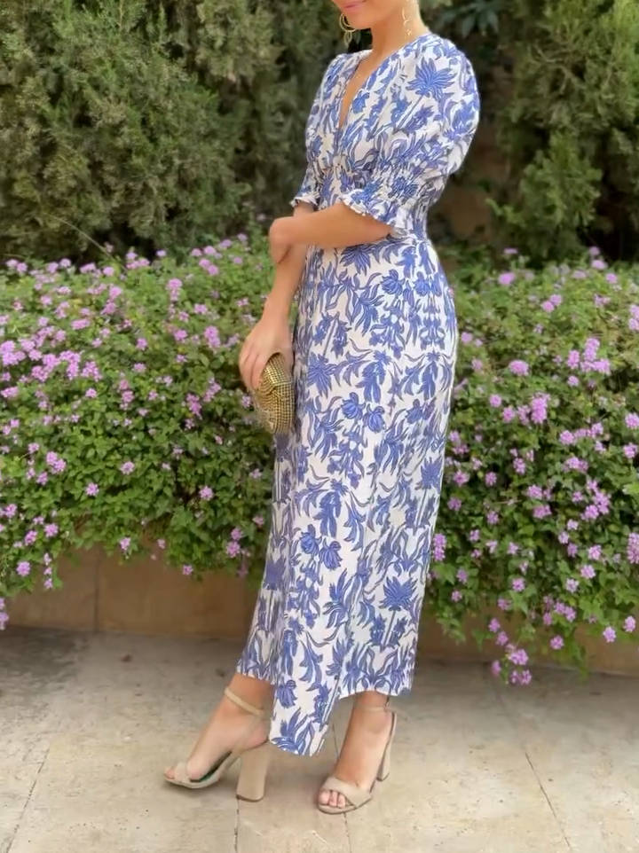 V-Neck Lace Sleeve Slim Printed Dress