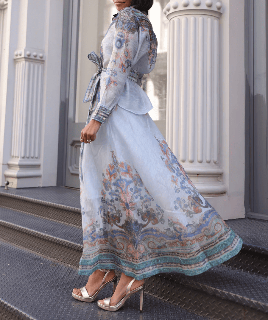 Printed Long Sleeve Button Two Piece Set