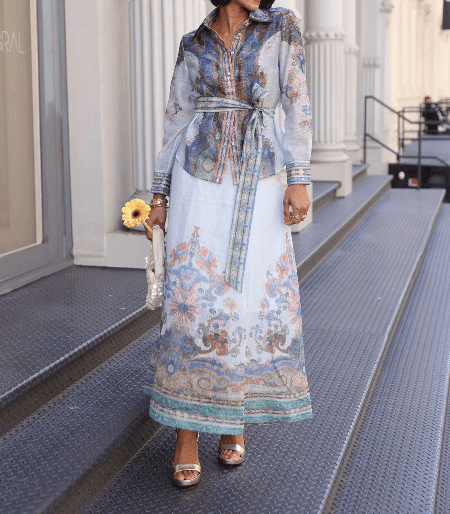 Printed Long Sleeve Button Two Piece Set