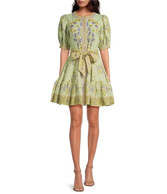 Round Neck Bubble Sleeve Button Mini Dress