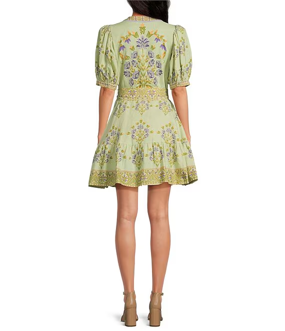 Round Neck Bubble Sleeve Button Mini Dress