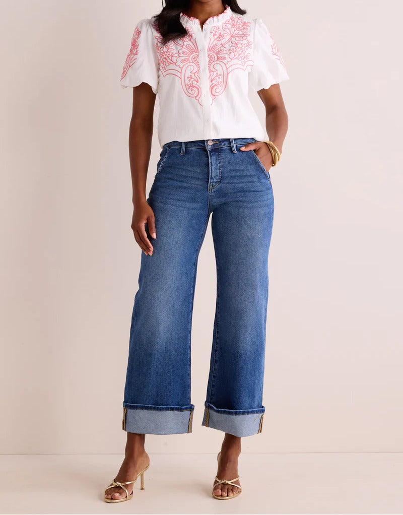 Cotton Lace Neck Embroidered Top