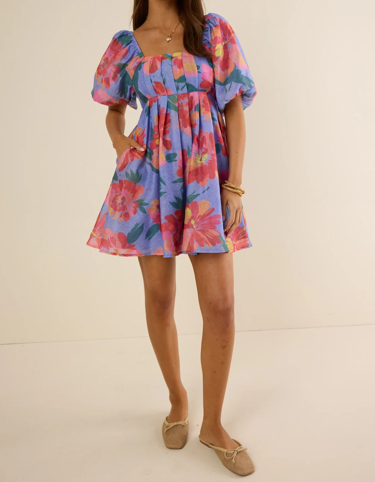 Bubble Sleeve Elegant Printed Pleated Dress