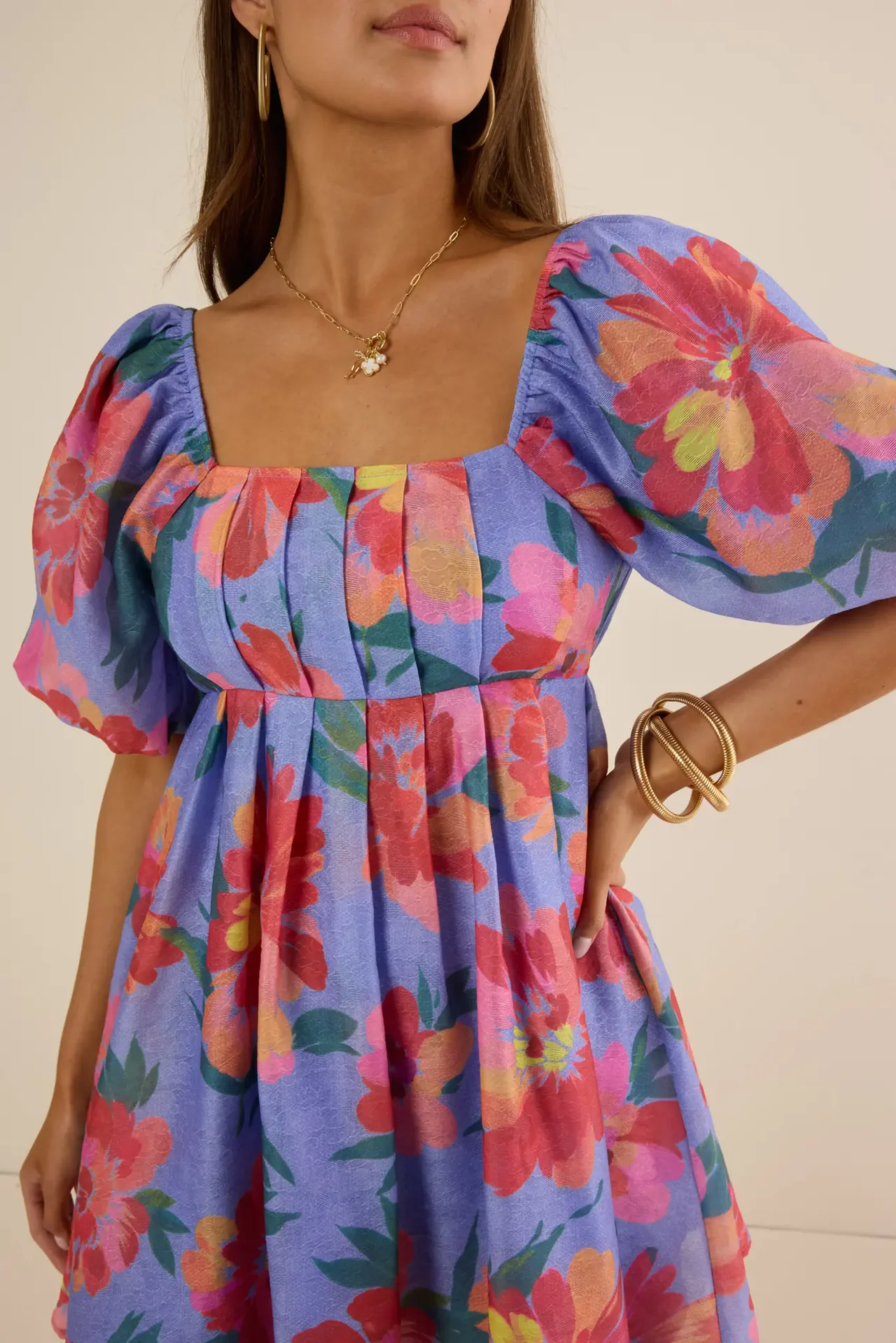 Bubble Sleeve Elegant Printed Pleated Dress