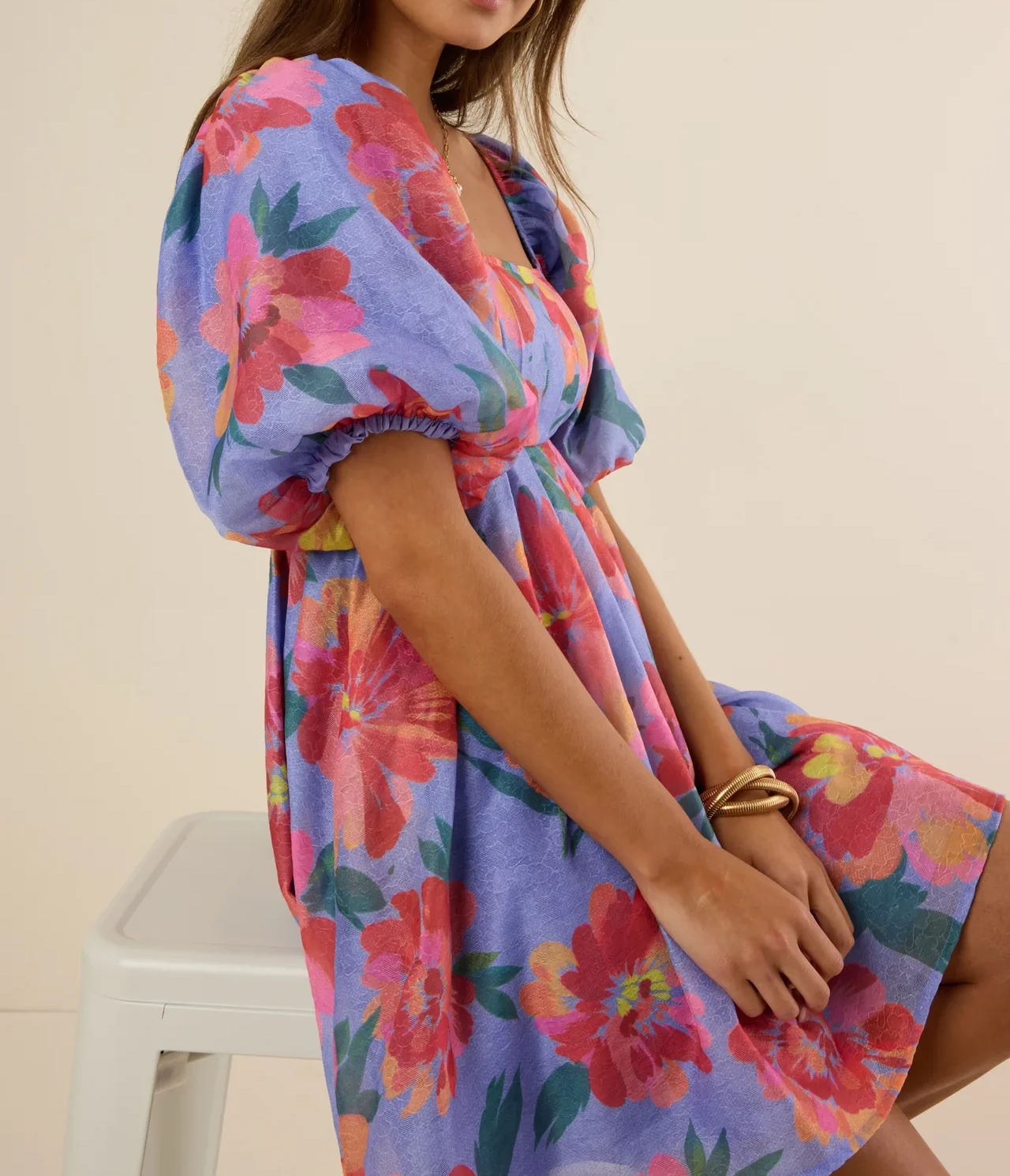 Bubble Sleeve Elegant Printed Pleated Dress