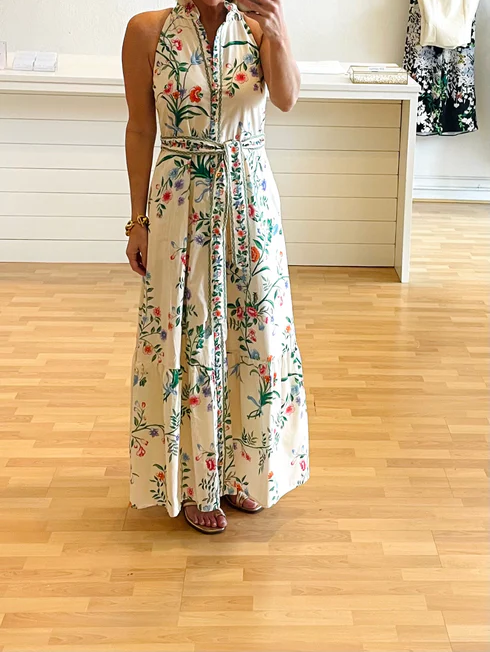 V-Neck Sleeveless Printed Detachable Belt Dress