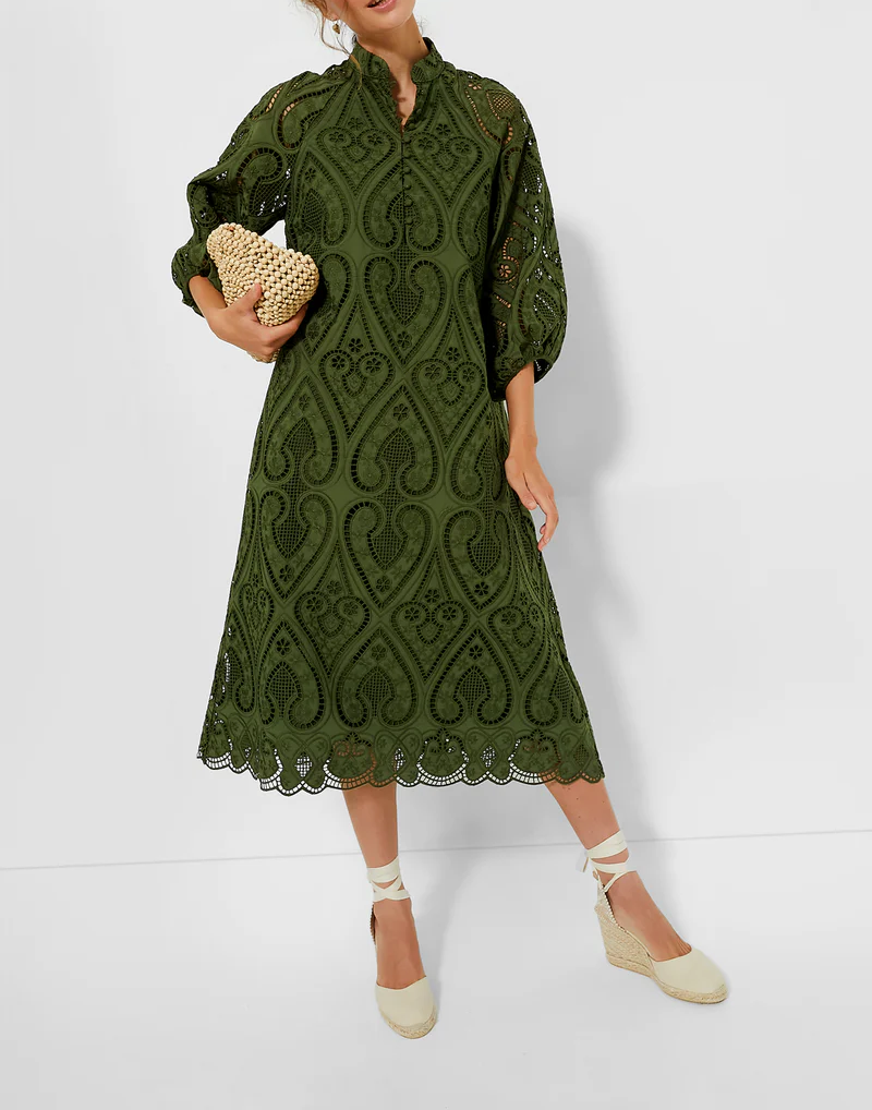 Balloon Sleeves Mandarin Collar Eyelet Lace Dress