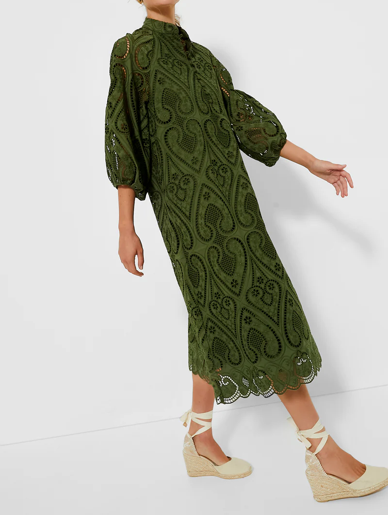 Balloon Sleeves Mandarin Collar Eyelet Lace Dress