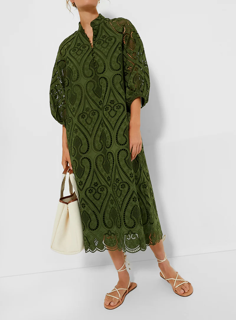 Balloon Sleeves Mandarin Collar Eyelet Lace Dress