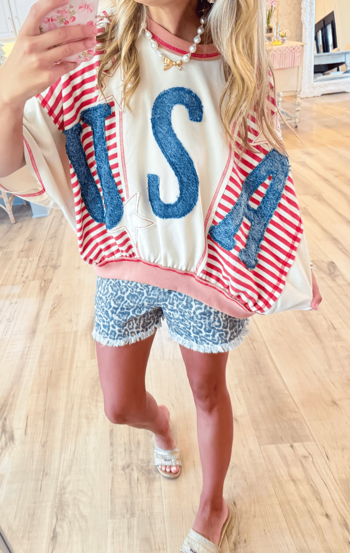 Oatmeal Red & Rose Washed Denim USA Patchwork Top