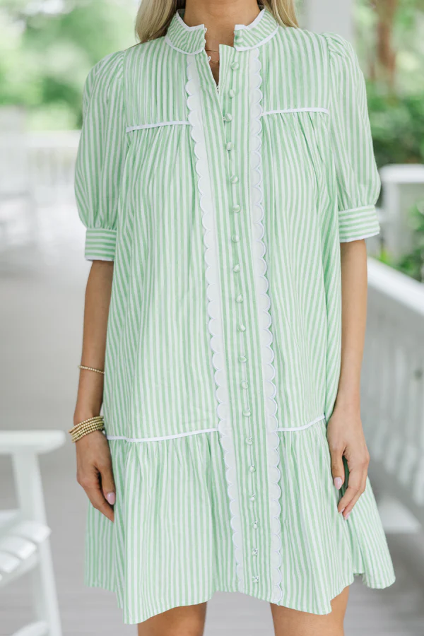Willing To Help Green Striped Button Down Dress
