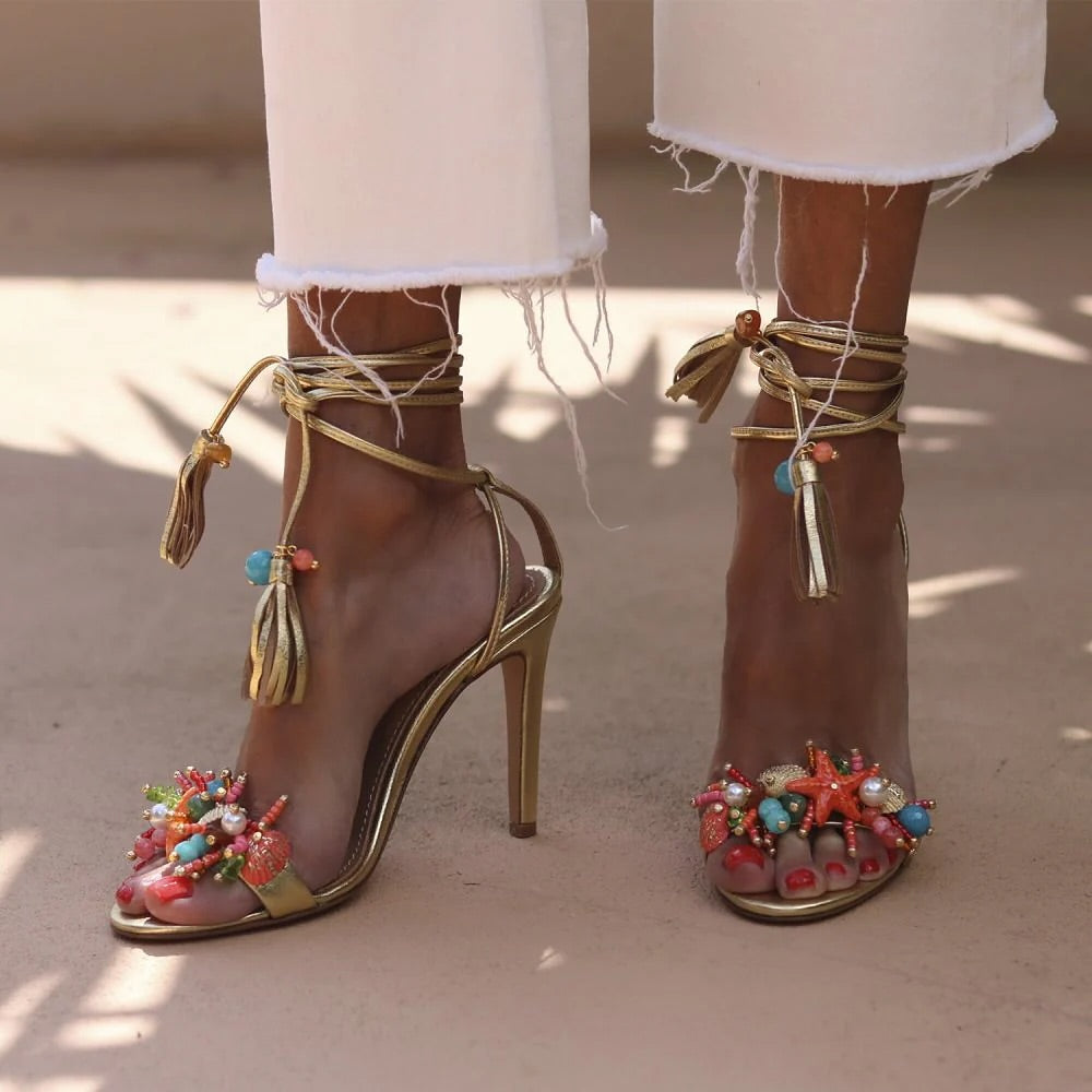 Vacation Style Shell Gold Heeled Sandals