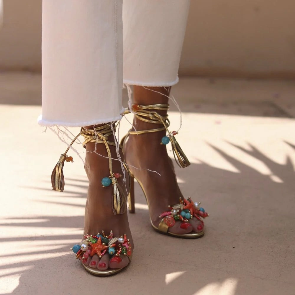 Vacation Style Shell Gold Heeled Sandals